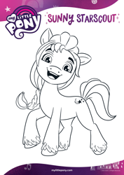 Size: 1654x2339 | Tagged: safe, sunny starscout, earth pony, pony, g5, official, black and white, coloring page, female, grayscale, mare, monochrome, open mouth, smiling, solo, text