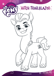 Size: 1654x2339 | Tagged: safe, hitch trailblazer, earth pony, pony, g5, official, badge, black and white, coloring page, grayscale, grin, male, monochrome, sheriff's badge, smiling, solo, text