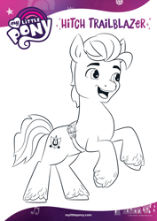 Size: 1654x2339 | Tagged: safe, hitch trailblazer, earth pony, pony, g5, official, badge, black and white, coloring page, grayscale, male, monochrome, open mouth, rearing, sheriff's badge, smiling, solo, text
