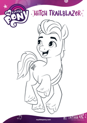 Size: 1654x2339 | Tagged: safe, hitch trailblazer, earth pony, pony, g5, official, black and white, coloring page, grayscale, male, monochrome, open mouth, smiling, solo, text