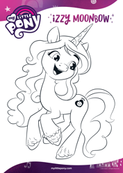 Size: 1654x2339 | Tagged: safe, izzy moonbow, pony, unicorn, g5, official, black and white, coloring page, female, grayscale, monochrome, open mouth, smiling, solo, text