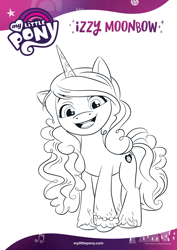 Size: 1654x2339 | Tagged: safe, izzy moonbow, pony, unicorn, g5, official, black and white, coloring page, female, grayscale, looking at you, monochrome, open mouth, smiling, solo, text