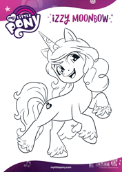 Size: 1654x2339 | Tagged: safe, izzy moonbow, pony, unicorn, g5, official, black and white, coloring page, female, grayscale, monochrome, open mouth, smiling, solo, text