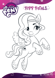 Size: 1654x2339 | Tagged: safe, pipp petals, pegasus, pony, g5, my little pony: a new generation, official, adorapipp, black and white, coloring page, cute, female, grayscale, mare, monochrome, smiling, solo, text