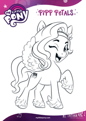 Size: 1654x2339 | Tagged: safe, pipp petals, pegasus, pony, g5, my little pony: a new generation, official, adorapipp, black and white, coloring page, cute, female, grayscale, mare, monochrome, one eye closed, open mouth, smiling, solo, text, wink