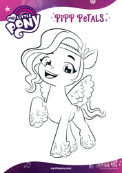 Size: 1654x2339 | Tagged: safe, pipp petals, pegasus, pony, g5, official, black and white, coloring page, female, grayscale, mare, monochrome, open mouth, smiling, solo, text