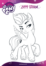 Size: 1654x2339 | Tagged: safe, zipp storm, pegasus, pony, g5, official, black and white, coloring page, female, grayscale, mare, monochrome, solo, text