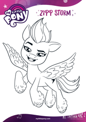 Size: 1654x2339 | Tagged: safe, zipp storm, pegasus, pony, g5, official, black and white, coloring page, female, grayscale, looking at you, mare, monochrome, open mouth, solo, text