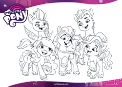 Size: 2339x1654 | Tagged: safe, hitch trailblazer, izzy moonbow, pipp petals, sunny starscout, zipp storm, earth pony, pegasus, pony, unicorn, g5, official, black and white, coloring page, female, grayscale, male, mane five, mare, monochrome, open mouth, smiling, stallion, text