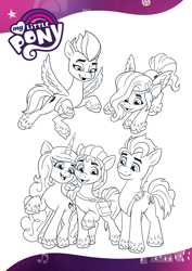 Size: 1654x2339 | Tagged: safe, hitch trailblazer, izzy moonbow, pipp petals, sunny starscout, zipp storm, earth pony, pegasus, pony, unicorn, g5, official, black and white, coloring page, female, grayscale, male, mane five, mare, monochrome, open mouth, smiling, stallion, text