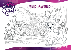 Size: 2339x1654 | Tagged: safe, izzy moonbow, pony, unicorn, g5, official, black and white, bridlewood, bridlewood forest, coloring page, crystal, female, forest, grayscale, monochrome, open mouth, smiling, solo, text