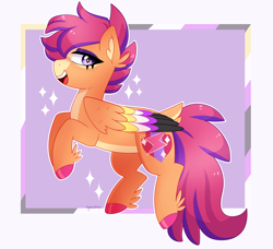 Size: 2668x2436 | Tagged: safe, artist:emera33, scootaloo, pegasus, pony, g4, cloven hooves, colored wings, cutie mark, eyelashes, high res, lidded eyes, multicolored mane, multicolored wings, nonbinary, nonbinary pride flag, open mouth, passepartout, pride, pride flag, solo, wings