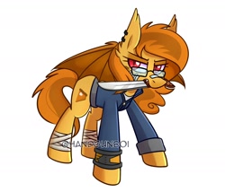 Size: 1750x1500 | Tagged: safe, artist:handgunboi, pony, bandage, commission, ear piercing, fallout, glasses, machete, piercing, simple background, white background