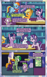 Size: 1920x3169 | Tagged: safe, artist:alexdti, applejack, rainbow dash, rarity, spike, starlight glimmer, twilight sparkle, oc, oc:purple creativity, oc:screwpine caprice, alicorn, dragon, earth pony, pegasus, pony, unicorn, comic:quest for friendship, g4, comic, glowing, glowing horn, horn, magic, pegasus oc, speech bubble, twilight sparkle (alicorn)