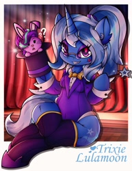 Size: 2695x3500 | Tagged: safe, artist:canvymamamoo, starlight glimmer, trixie, rabbit, unicorn, semi-anthro, g4, alternate hairstyle, animal, arm hooves, belly button, bowtie, breasts, bunnified, clothes, eyeshadow, female, floppy ears, frog (hoof), glasses, grin, hat, high res, holding, hoof shoes, implied transformation, leotard, looking at you, magic wand, magician outfit, makeup, mare, open mouth, ponytail, question mark, sitting, smiling, species swap, stockings, suit, thigh highs, top hat