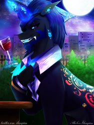 Size: 1200x1600 | Tagged: safe, artist:phobos-ilungian, oc, oc only, oc:phobos, changeling, alcohol, city, cityscape, clothes, glass, male, solo, suit, tuxedo, wine, wine glass
