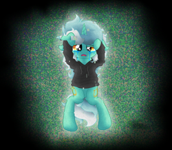 Size: 4718x4108 | Tagged: safe, artist:background basset, lyra heartstrings, pony, unicorn, g4, bipedal, both cutie marks, clothes, crying, dig the swell hoodie, edgy, error, female, glitch, hoodie, open mouth, sad, solo, sweater
