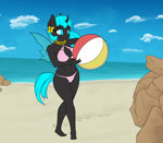 Size: 4681x4096 | Tagged: safe, artist:thehuskylord, oc, oc only, oc:lucy, changeling, anthro, plantigrade anthro, absurd resolution, beach, beach ball, bikini, breasts, changeling oc, clothes, cloud, flower, polka dot swimsuit, rock, solo, swimsuit, wings