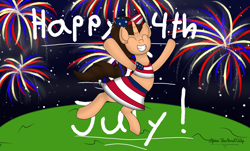 Size: 5030x3030 | Tagged: safe, artist:small-brooke1998, oc, oc only, oc:small brooke, pony, unicorn, 2021, 4th of july, american flag, american independence day, bow, clothes, eyes closed, female, fireworks, hair bow, holiday, midriff, night, skirt, smiling, solo, teeth, text