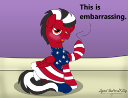 Size: 3960x3030 | Tagged: safe, artist:small-brooke1998, oc, pegasus, pony, 4th of july, american flag clothing, blushing, clothes, dialogue, diaper, dress, embarrassed, female, high res, holiday, indoors, mare, open mouth, ponified, room, shatter (transformers), skirt, socks, transformers