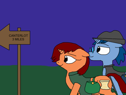 Size: 1500x1125 | Tagged: safe, artist:blazewing, oc, oc only, oc:syntax, oc:tough cookie, pony, unicorn, atg 2021, bag, clothes, drawpile, duo, evening, fedora, female, glasses, hat, male, mare, newbie artist training grounds, road sign, saddle bag, smiling, stallion, text, tired, vest, walking