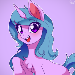 Size: 900x900 | Tagged: safe, artist:alexsc112, izzy moonbow, pony, unicorn, g5, chest fluff, cute, eye clipping through hair, female, izzybetes, looking at you, mare, open mouth, purple background, simple background, solo