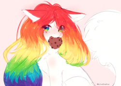 Size: 3035x2150 | Tagged: safe, artist:krissstudios, oc, oc only, earth pony, pony, cookie, cute, female, floppy ears, food, high res, looking at you, mare, multicolored hair, rainbow hair, solo