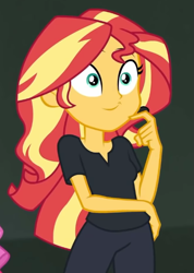 Size: 447x627 | Tagged: safe, screencap, sunset shimmer, all the world's off stage, all the world's off stage: pinkie pie, equestria girls, g4, my little pony equestria girls: better together, black pants, black shirt, clothes, cropped, earpiece, female, finger to chin, huh, smiley face, smiling, solo