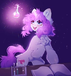 Size: 1004x1078 | Tagged: safe, artist:just_gray-x, oc, oc only, pony, unicorn, :d, bipedal, book, chest fluff, ear fluff, erlenmeyer flask, female, flask, glowing horn, horn, looking up, magic, magic aura, mare, open mouth, science, smiling, solo, telekinesis, unicorn oc