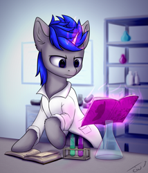 Size: 2329x2725 | Tagged: safe, artist:colourwave, oc, oc only, oc:changing flask, pony, unicorn, book, chemistry, clothes, commission, ear fluff, frown, glowing horn, high res, horn, lab, lab coat, levitation, magic, male, scientist, shelf, small horn, solo, telekinesis, unicorn oc