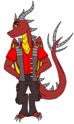 Size: 2303x3865 | Tagged: safe, artist:agdapl, dragon, anthro, digitigrade anthro, clothes, crossover, dragonified, high res, horns, male, simple background, sniper, sniper (tf2), species swap, team fortress 2, transparent background, vest, wings