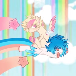 Size: 1080x1080 | Tagged: safe, artist:fluffponee, oc, oc only, pegasus, pony, bandage, cloud, duo, ear piercing, ethereal mane, eye clipping through hair, hoof polish, male, pegasus oc, piercing, ponies riding ponies, rainbow, rainbow waterfall, riding, sitting, smiling, stallion, starry eyes, starry mane, two toned wings, underhoof, unshorn fetlocks, wingding eyes, wings