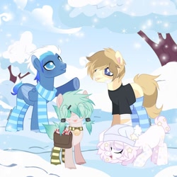 Size: 1080x1080 | Tagged: safe, artist:fluffponee, oc, oc only, earth pony, pony, :p, bag, beanie, clothes, colored hooves, earth pony oc, eye clipping through hair, face down ass up, female, hat, male, mare, outdoors, saddle bag, scarf, smiling, snow, socks, stallion, striped socks, tongue out, tree, two toned wings, underhoof, wings