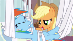 Size: 800x450 | Tagged: safe, screencap, applejack, rainbow dash, earth pony, pegasus, pony, g4, rainbow falls, season 4, absurd file size, absurd gif size, animated, apple brown betty (food), applejack's hat, bandage, bandaid, cowboy hat, crumbs, duo, duo female, eating, feeding, female, food, freckles, gif, hat, hoof in mouth, hoofjack, hospital, looking at each other, mare, open mouth, puffy cheeks, smiling, smiling at each other, talking with your mouth full