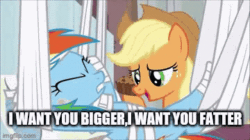 Size: 360x202 | Tagged: safe, edit, edited screencap, screencap, applejack, rainbow dash, earth pony, pegasus, pony, g4, rainbow falls, season 4, animated, apple brown betty (food), applejack's hat, bandage, bandaid, caption, cowboy hat, crumbs, duo, duo female, family guy, feeder, feederism, feeding, female, food, freckles, gif, hat, hoof in mouth, hoofjack, hospital, image macro, imgflip, implied weight gain, mare, open mouth, talking with your mouth full, text