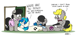 Size: 3414x1590 | Tagged: safe, artist:bobthedalek, dj pon-3, octavia melody, vinyl scratch, oc, oc:mixed melody, oc:octavia's father, oc:octavia's mother, oc:ostinato melody, earth pony, pony, unicorn, g4, atg 2021, bag, biting, booties, door, female, male, mare, mothers gonna mother, newbie artist training grounds, nom, prehensile tail, saddle bag, stallion, tail bite, tail hold, this will end in intensive mothering, varying degrees of want