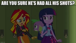Size: 889x500 | Tagged: safe, edit, edited screencap, screencap, spike, sunset shimmer, twilight sparkle, dog, equestria girls, g4, my little pony equestria girls, caption, image macro, spike the dog, text