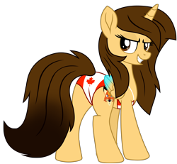 Size: 9012x8330 | Tagged: safe, artist:ejlightning007arts, oc, oc:ej, alicorn, pony, bikini, butt, canada, canadian, canadian flag, clothes, female, flag bikini, glowing wings, looking at you, looking back, looking back at you, mare, plot, rule 63, sexy, simple background, smiling, solo, swimsuit, transparent background, two-piece swimsuit, vector, wings