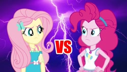 Size: 1280x720 | Tagged: safe, fluttershy, pinkie pie, a little birdie told me, equestria girls, equestria girls series, g4, rollercoaster of friendship, angry, duel, geode of fauna, geode of sugar bombs, magical geodes, pinkie pie is not amused, unamused, vs