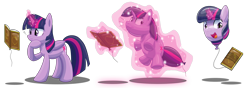 Size: 5000x1750 | Tagged: safe, artist:bladedragoon7575, twilight sparkle, alicorn, pony, g4, balloon, book, female, forced smile, glowing horn, horn, inanimate tf, magic, mare, objectification, open mouth, open smile, question mark, simple background, smiling, solo, transformation, transformation sequence, transformed, transparent background, twilight sparkle (alicorn)