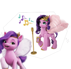 Size: 1150x1102 | Tagged: safe, pipp petals, pegasus, pony, g5, my little pony: a new generation, official, cellphone, female, mare, microphone, microphone stand, music notes, phone, raised hoof, simple background, singing star princess petals, smartphone, toy, transparent background