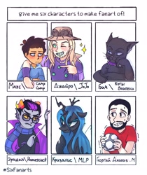 Size: 1722x2048 | Tagged: safe, artist:emaysssssss, queen chrysalis, cat, changeling, changeling queen, human, anthro, g4, anthro with ponies, bust, camp camp, child, clothes, crossover, cyrillic, eridan ampora, female, football, frown, glasses, homestuck, jojo's bizarre adventure, male, mare, max (camp camp), rooster teeth, russian, side hug, six fanarts, sports, troll (homestuck)