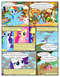 Size: 612x792 | Tagged: safe, edit, edited screencap, screencap, angel bunny, applejack, fluttershy, pinkie pie, rainbow dash, rarity, earth pony, pegasus, pony, rabbit, unicorn, comic:friendship is dragons, g4, magical mystery cure, animal, comic, dialogue, eyelashes, female, fluttershy's cottage, glowing horn, hat, horn, magic, magic aura, mare, open mouth, outdoors, pinkamena diane pie, rain, raised hoof, sad, screencap comic, sitting, snow, swapped cutie marks, sweet apple acres, what my cutie mark is telling me