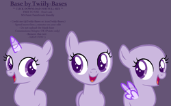 Size: 1249x773 | Tagged: safe, artist:katsubases, oc, oc only, earth pony, pegasus, pony, unicorn, bald, base, earth pony oc, eyelashes, female, filly, horn, open mouth, pegasus oc, purple background, simple background, smiling, unicorn oc, wings