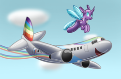 Size: 2286x1499 | Tagged: safe, artist:bladedragoon7575, rainbow dash, oc, oc:cara, changedling, changeling, inflatable pony, original species, pooltoy pony, air nozzle, airplane dash, changedling oc, changeling oc, cloud, commission, duo, flying, happy, inanimate tf, inflatable, open mouth, open smile, plane, planeified, rainbow trail, rubber, sky, smiling, species swap, transformation, transformation sequence, transformed