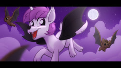 Size: 1280x720 | Tagged: safe, artist:whitequartztheartist, bat, dog, dog pony, bat wings, flying, full moon, moon, night, night sky, sky, solo, wings