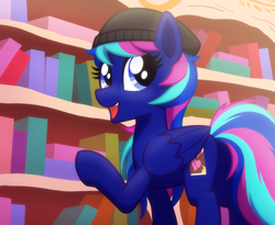 Size: 2500x2048 | Tagged: safe, artist:whitequartztheartist, pegasus, pony, g4, beanie, bookshelf, golden oaks library, hat, high res, solo