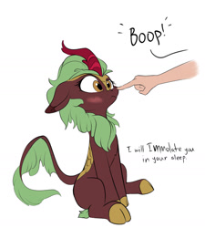 Size: 1280x1423 | Tagged: safe, artist:rocket-lawnchair, cinder glow, summer flare, human, kirin, g4, blushing, boop, cinder glow is not amused, cinderbetes, cloven hooves, cute, disembodied hand, female, floppy ears, hand, kirinbetes, leonine tail, moments before disaster, non-consensual booping, sitting, this will end in fire, this will end in nirik, threat, tsundere