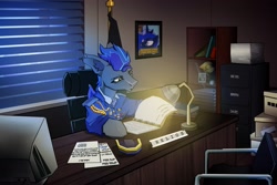 Size: 3000x2000 | Tagged: safe, artist:imadeoos, princess luna, oc, oc only, bat pony, pony, bat pony oc, bat wings, chair, clothes, computer, desk, desk lamp, ear fluff, flag, folded wings, high res, indoors, male, military uniform, office, paperwork, solo, stallion, uniform, wings