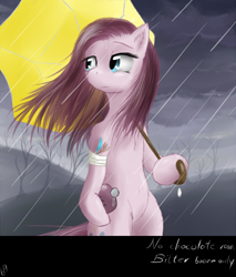 Size: 760x890 | Tagged: safe, artist:snus-kun, pinkie pie, earth pony, semi-anthro, g4, 2016, arm hooves, bandage, bottle, female, looking back, mare, pinkamena diane pie, rain, solo, straight hair, umbrella